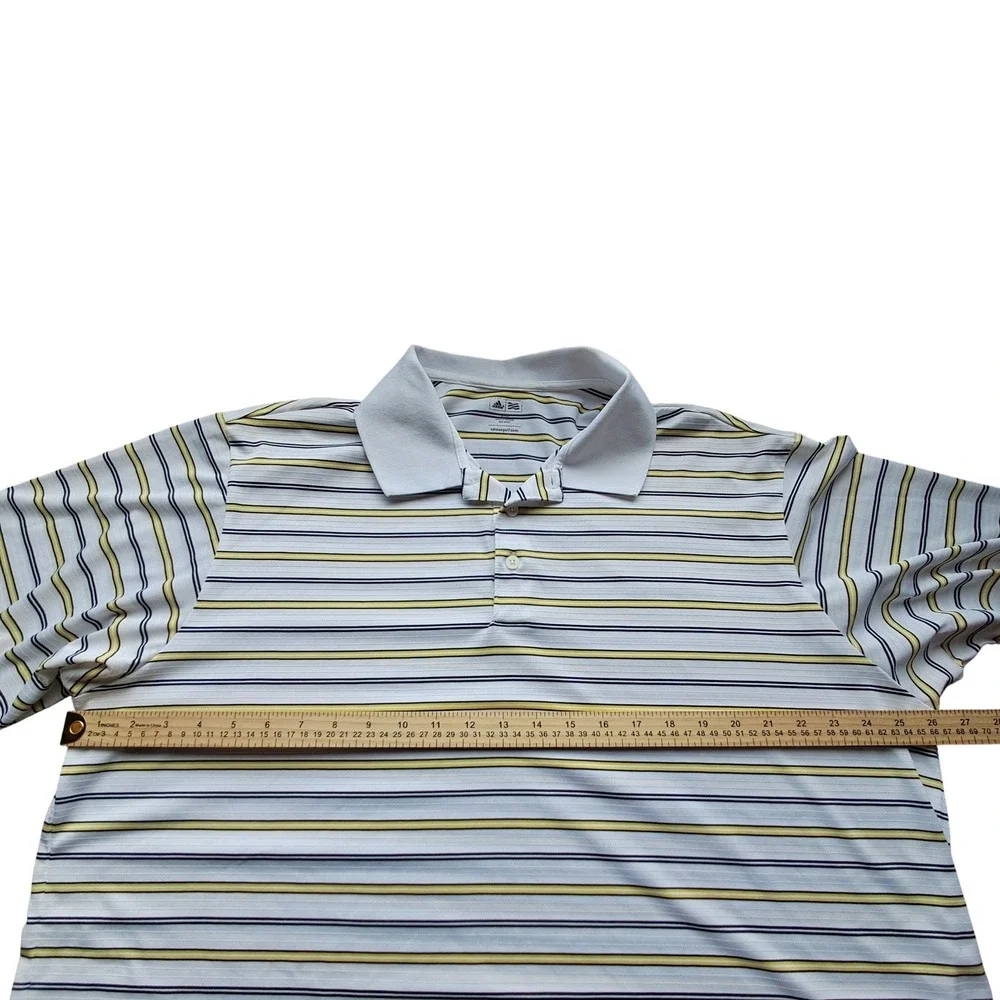 Adidas Golf Mens 2XL Striped Polo Shirt‎ White Blue Yellow Short Sleeve RN 88387